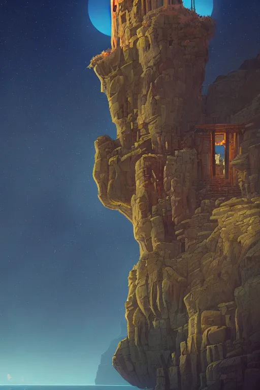 Prompt: ancient temple on a rocky cliff in a canyon, shooting stars in the night sky, dramatic lighting, artstation, matte painting, ralph mcquarrie, simon stalenhag