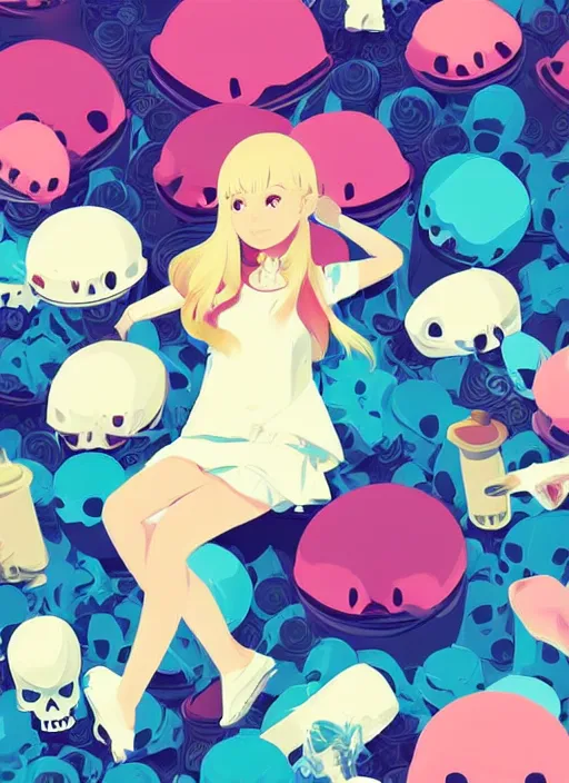 Image similar to little girl with long blonde hair sitting on a pile of plastic decor skulls. clean cel shaded vector art. shutterstock. behance hd by lois van baarle, artgerm, helen huang, by makoto shinkai and ilya kuvshinov, rossdraws, illustration, art by ilya kuvshinov