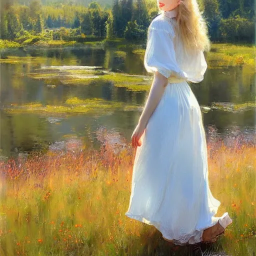 Image similar to blonde woman, dress, swedish countryside, archipelago, morning, masterpiece, highly detailed, beautiful, atmospheric, impressionism, wlop, artstation, painting by Vladimir Volegov