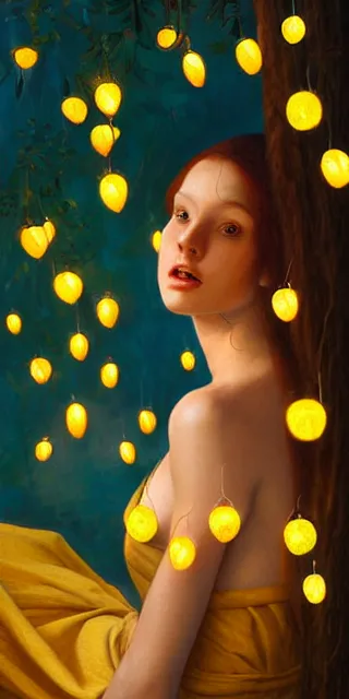 Image similar to young woman surrounded by golden firefly lights in a mesmerizing scene, sitting amidst nature fully covered, long loose red hair, precise linework, accurate green eyes, small nose with freckles, smooth oval shape face, empathic, bright smile, expressive emotions, hyper realistic ultrafine art by artemisia gentileschi, jessica rossier, boris vallejo