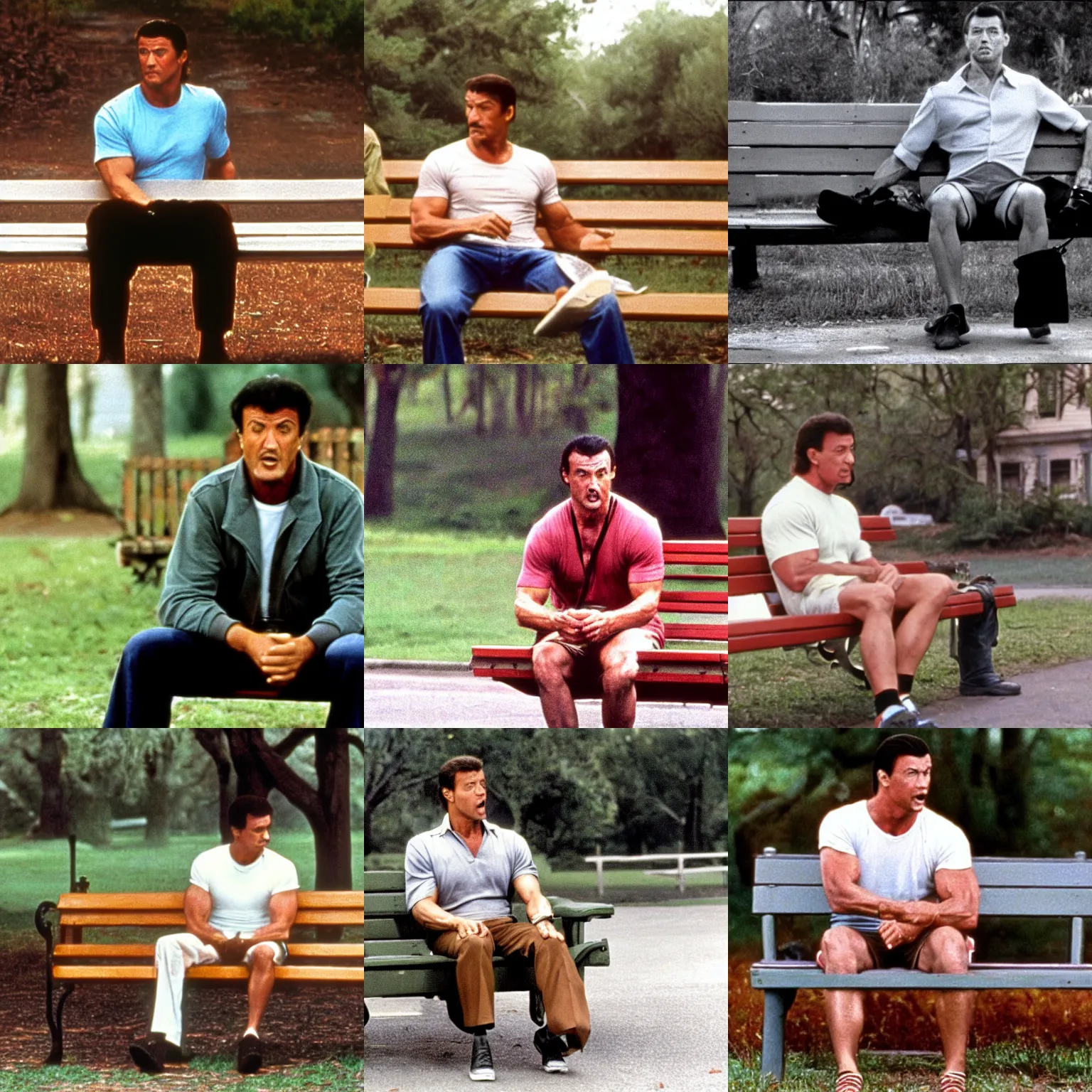 Prompt: Sylvester Stallone as Forrest Gump, sitting on a bench scene, movie still