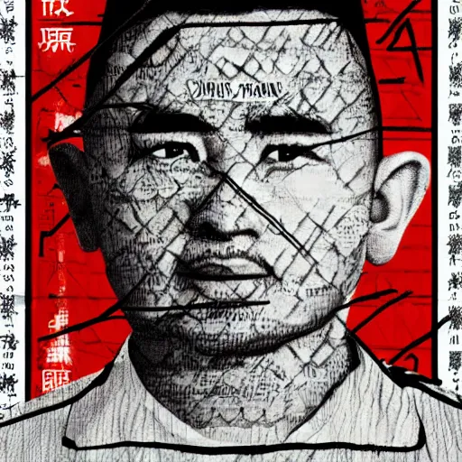 Prompt: uyghur Uighur in a prison behind bars, organ harvesting, in the style of daniel johnston and outsider art, 8k, line brush, overlaid with chinese adverts