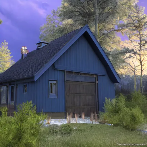 Image similar to a ultra realistic blue lightning arc over a cabin in the wood, by night. complex, highly detailed, unreal engine 5, 8 k render