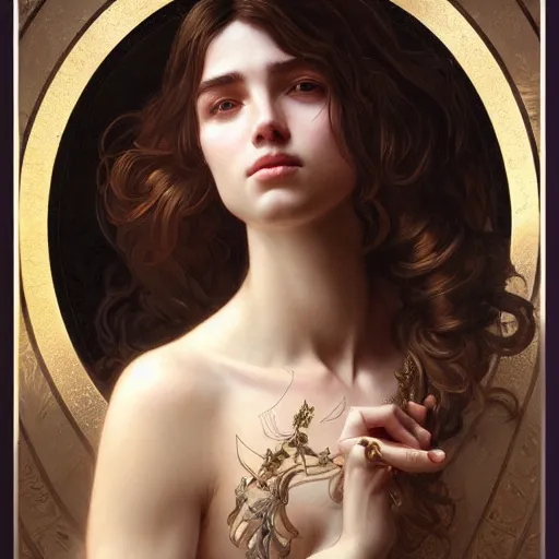 Image similar to god, non-binary, long hair, georgeus, intricate, elegant, ethereal, artstation, highly detailed, sharp focus, smooth, by artgerm and greg rutkowski and alphonse mucha