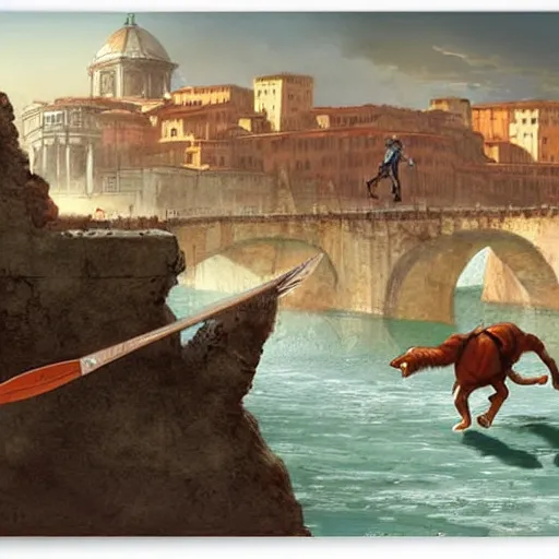 Image similar to Romulus killing Remus with a dagger at the edge of the Tiber River by Marc Simonetti