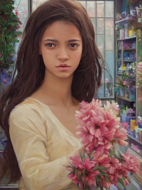 Image similar to an ultradetailed beautiful portrait painting of a cuban girl at a flower shop, side view, oil painting, high resolution, by ilya kuvshinov, greg rutkowski and makoto shinkai