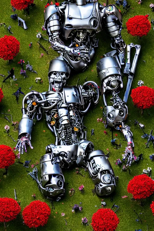 Prompt: destroyed combat terminator lying in a field of flowers, twisted metal, chrome, reflections, earth, terrible, anthropomorphic, cyborg, photorealism, weapons, smoke, metal, armor, camouflage, wires, wild flowers, greenery, chips, red light bulbs, top view, extremely detailed, ultra - realism, cinematic light, epic, art by jeff koons