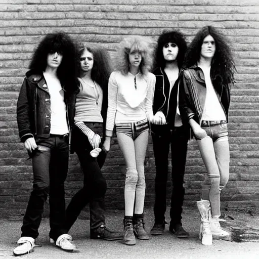 Image similar to Group of 19-year-old women holding electric guitars, long shaggy hair, permed hair, New Wave of British Heavy Metal, heavy metal, band promo photo, Great Britain, 1981 photograph, 16mm photography