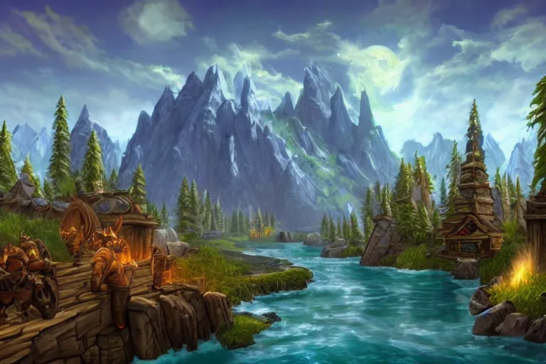 Image similar to world of warcraft environment with trees, rocky mountains and a river, horses, wooden chariots, beautiful, concept