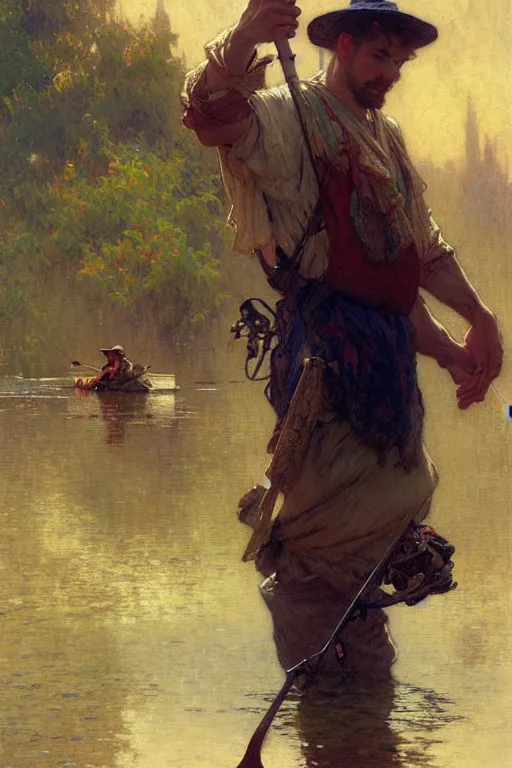 Prompt: attractive man, fishing, cool colors, painting by gaston bussiere, craig mullins, greg rutkowski, alphonse mucha