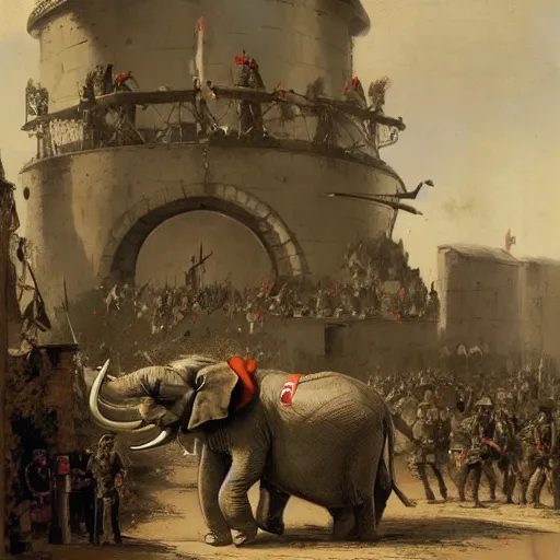 Image similar to elephant with a ww 1 artillery gun in place of its head, men in napoleonic uniform operate the artillery gun, the elephant walks through the streets of a medieval city, illustration, rpg, hubert robert