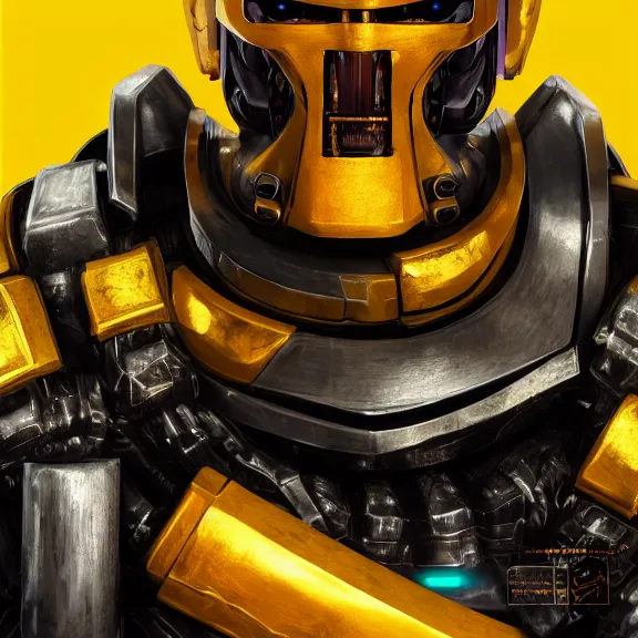 Image similar to a portrait of a angry cybernetic robocop samurai demon character, yellow background, unreal engine, octane render, artstation, digital art.