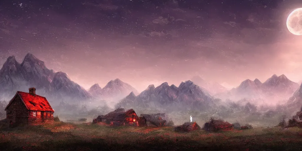 Prompt: Blood soaked fields with large mountains in the distance, small cottage in the foreground, nighttime, moon in the night sky, landscape wallpaper, d&d art, fantasy, painted, 4k, high detail, sharp focus