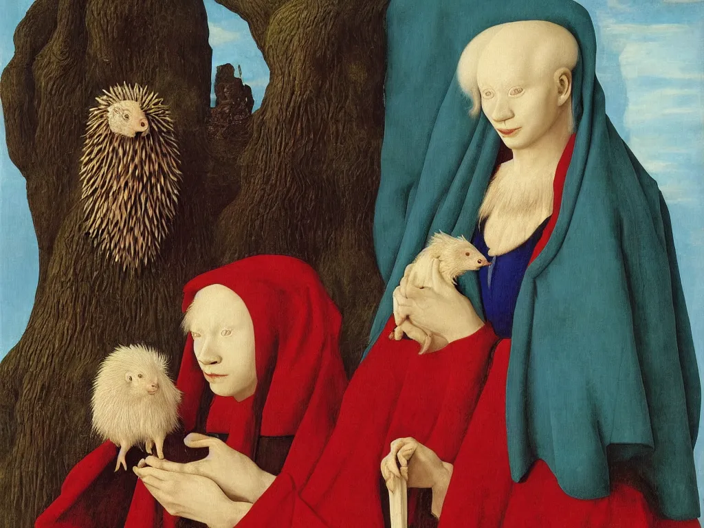 Image similar to Portrait of albino mystic with blue eyes, with exotic beautiful hedgehog. Painting by Jan van Eyck, Audubon, Rene Magritte, Agnes Pelton, Max Ernst, Walton Ford