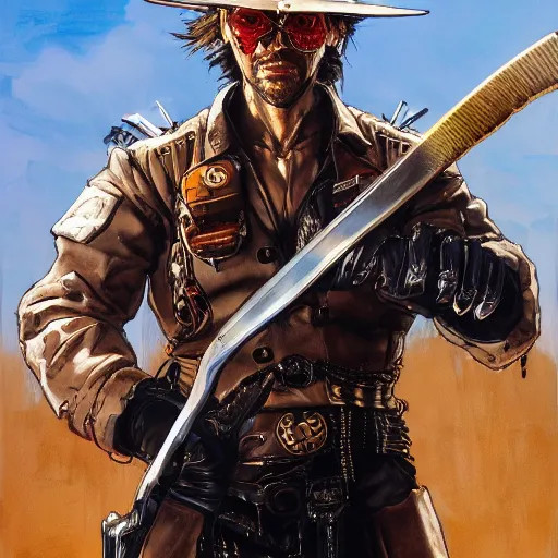 Image similar to portrait of a futuristic cowboy holding his sword in front of his face by yoji shinkawa, high quality, extra details, realism, ornate, colored, golden chain, blood, white skin, short hair, brown eyes, vivid, sunlight, dynamic, american man, freedom, white american soldier, painting