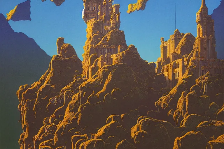 Image similar to a castle made of giant books, fantasy digital painting by maxfield parrish and michael whelan, intricate, photorealistic