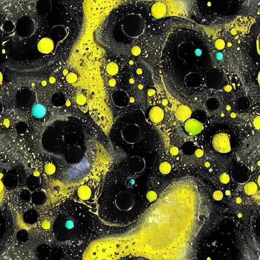 Image similar to beautiful liquid marble texture with oil bubbles. harmonic black yellow and mint coloured abstraction. ultradetailed realistic art