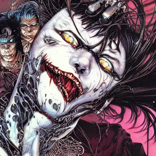 Prompt: closeup of face melting, vampire, catelvania, by yoichi hatakenaka, masamune shirow, josan gonzales and dan mumford, ayami kojima, takato yamamoto, barclay shaw, karol bak