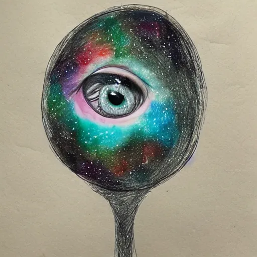 Image similar to a gigantic eye floats in space observing a galaxy, mixed media, pencil and watercolor