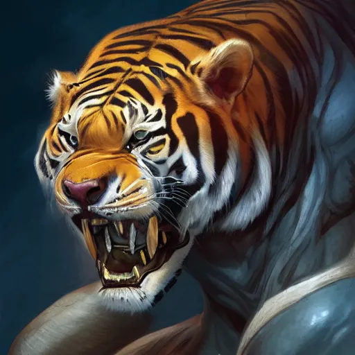 Image similar to a esthetic portrait commission of a muscular antrho albino tiger wearing the superman outfit,hyperdetailed face,character design by charlie bowater,ross tran,artgerm,makoto shibkai,photorealistic,western comic book art,film poster,deviantart,artstation