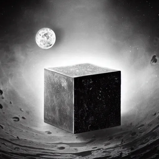 Image similar to a scratched dull metal cube floating above a dark alien moonscape, moody, atmospheric, epic, cinematic