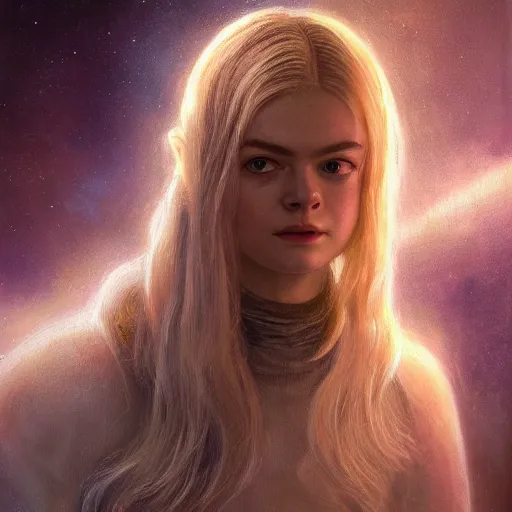 Prompt: ultra realistic medium shot head and shoulders masterpiece portrait painting of elle fanning in halo 2, cosmic horror, artstation, art by frank frazetta, 4 k, ultra realistic, highly detailed, epic lighting