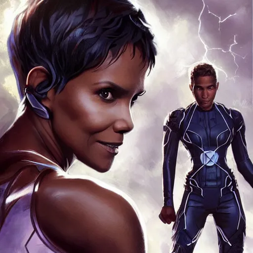 Prompt: halle berry as the character strom from x - men, white hair, lightning beings, epic splash cover art, meeting chadwick boseman black banther, by artgerm, greg rutkowski, james gurney, alex ross