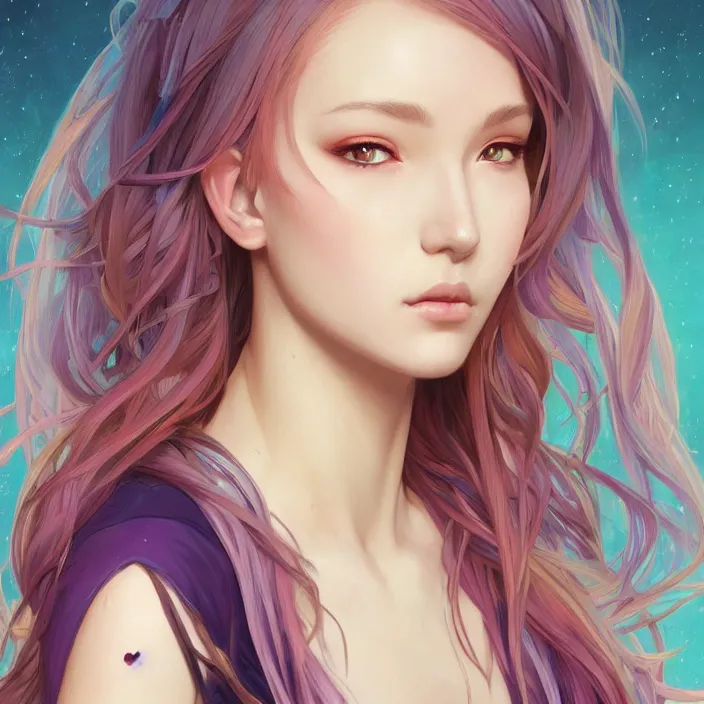 Image similar to portrait of beautiful symmetrical anime girl, rainbow hair, attractive, casual, modern, victoria's secret, highly detailed, digital painting, artstation, concept art, smooth, sharp focus, illustration, art by artgerm, greg rutkowski and alphonse mucha, 8 k,