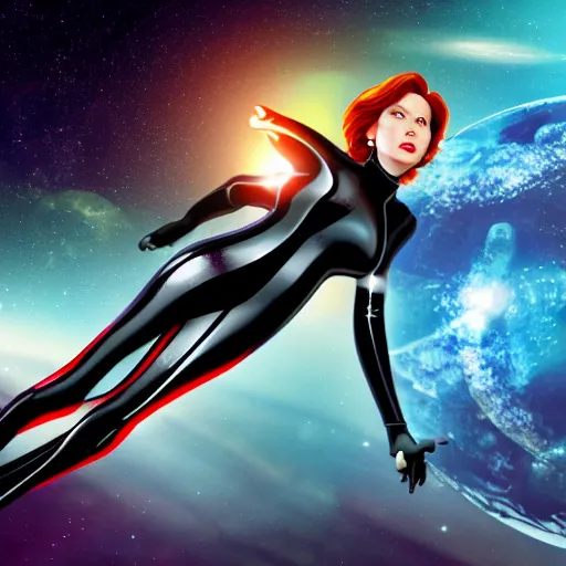 Image similar to still photo of black widow pregnant in a spaceship, planet earth in the backround, space stars, highly detailed, 8 k