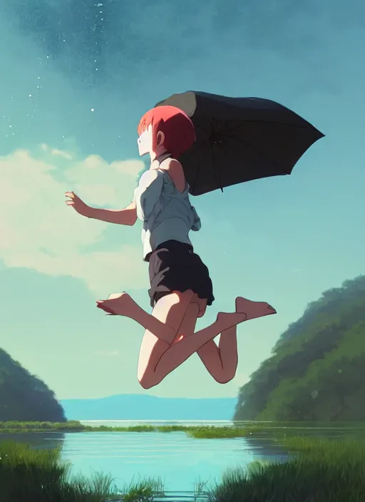 Image similar to girl jumping near a lake, rainy, touching a long neck monster, illustration concept art anime key visual trending pixiv fanbox by wlop and greg rutkowski and makoto shinkai and studio ghibli