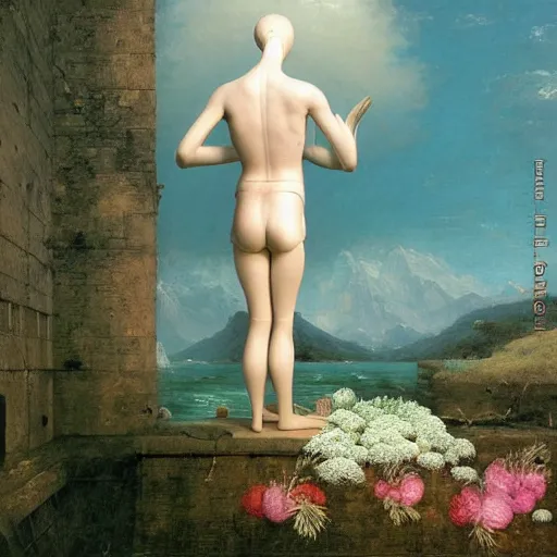 Prompt: David Friedrich, award winning masterpiece with incredible details, Zhang Kechun, a surreal vaporwave vaporwave vaporwave vaporwave vaporwave painting by Thomas Cole of an old pink mannequin head with flowers growing out, sinking underwater, highly detailed