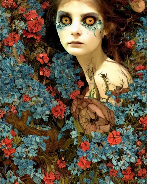 Prompt: a pretty but sinister and creepy monster in layers of fear decoupage, with haunted eyes, dramatic lighting, violence in his eyes, 1 9 7 0 s, seventies, delicate embellishments, a little blood, woodland, blue dawn light shining on wildflowers, painterly, offset printing technique, by walter popp, alexandre cabanel