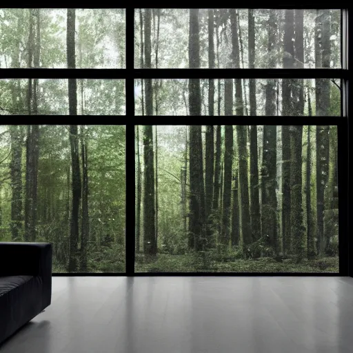 Prompt: interior photo of a crystalline glass house with translucent black mesh tarps, forest in the background, light coming through the window, light box, moody atmosphere,