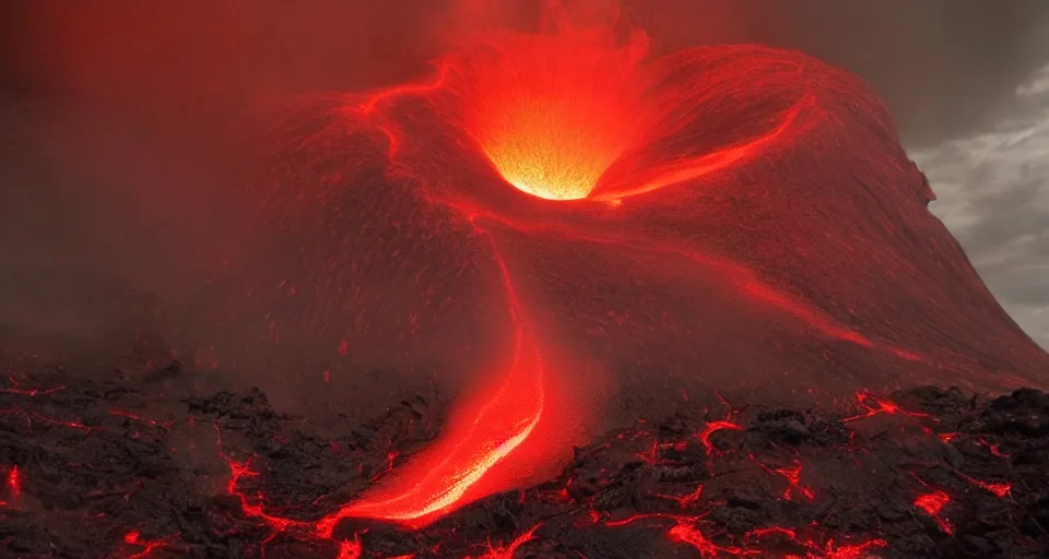 Image similar to a volcano made of ivory vines and crimson rocks enters in eruption, it spits a smoke in the shape of demonic eye, from Final fantasy