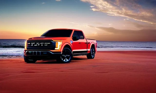 Image similar to Ford F150 Nebula 2022 Truck on a Red Sand Beach, sunset