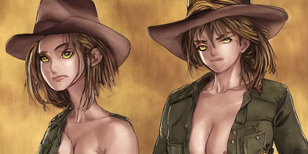 Prompt: portrait, complexity, global lighting, detail, ultra sharpness, beautiful female sheriff body from games yoshihiro togashi style, big eyes, plump lips, a gunshot, global lighting, western saloon theme, detailed faces, blank faces, style yoshihiro togashi style.