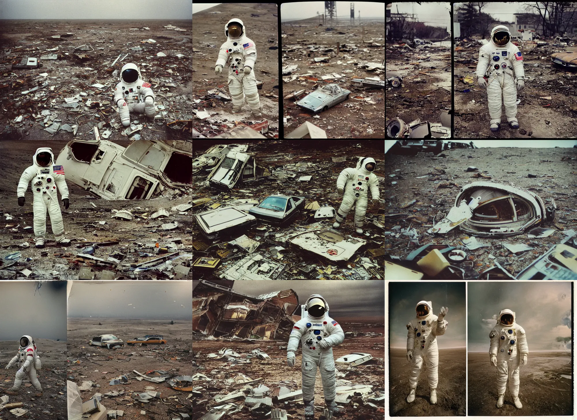 Prompt: faded photographs of american white spacesuit astronaut in postapocalyptic abandoned destroyed crater, wrecked buildings, destroyed flipped wrecked cars, polaroid photo, vintage, neutral colors, rainy day, by gregory crewdson