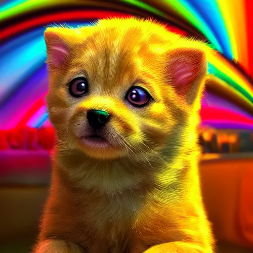 Prompt: photorealistic puppies, kittens, and rainbows. hyperdetailed photorealism, 1 0 8 megapixels, amazing depth, glowing rich colors, powerful imagery, psychedelic overtones, 3 d finalrender, 3 d shading, cinematic lighting, artstation concept art