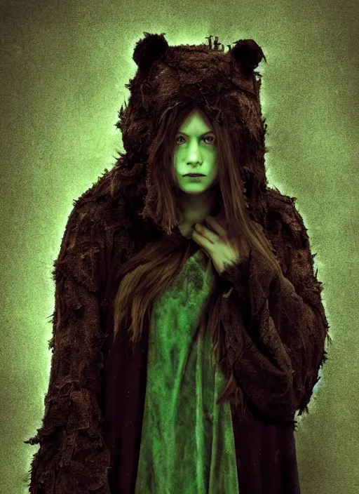 Prompt: character and environment design, portrait 2 0 - year - old dark fantasy female druid, tattered bear hood and robe, full front, green light, zeiss 3 5 mm photography