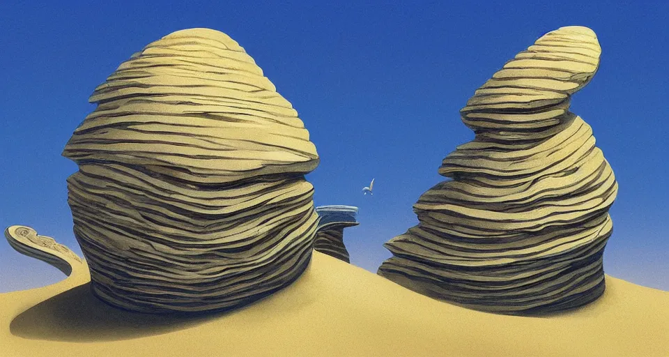 Image similar to digital painting of a tiny sacred spiral, procedural seashell house architecture on top of a rock, by roger dean, syd mead, cell shaded graphics, concept art, minimalist, golden ratio