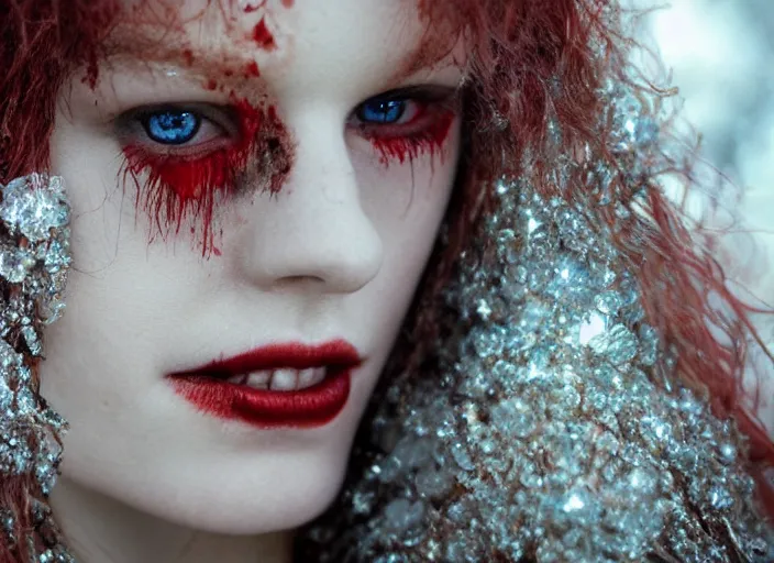 Prompt: award winning 3 5 mm close up face portrait photo of a redhead with blood - red wavy hair and intricate eyes that look like crystals, in a park by luis royo