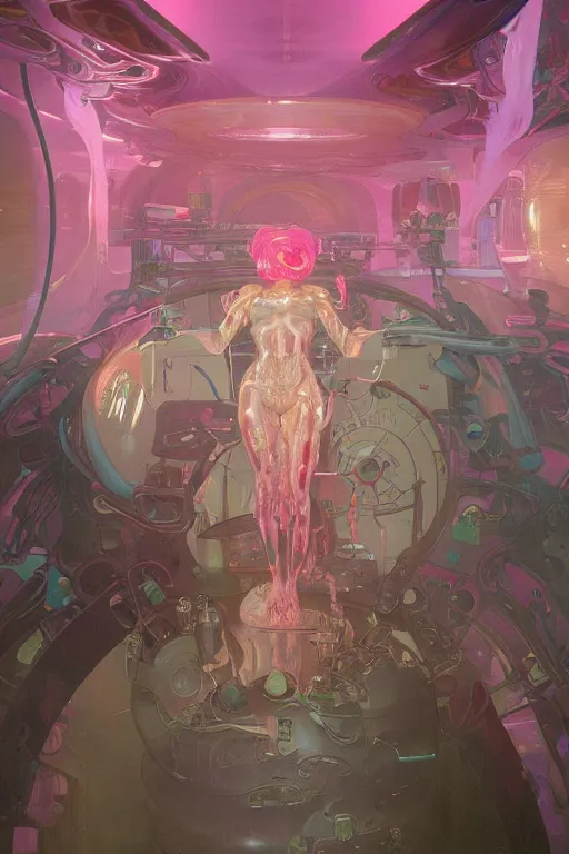 Image similar to interior of a digesting Stomach filled with glowing pink water, Cross section, Claustrophobic, seapunk Mecha , vaporwave , digital art, artstation, by WLOP, Ilya repin, alphonse mucha., Very highly detailed 8K, octane, Digital painting, the golden ratio,