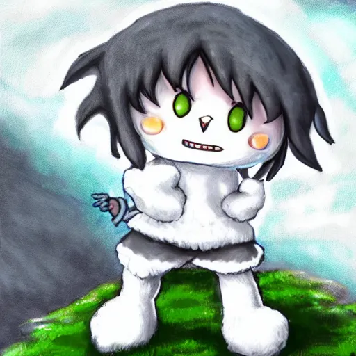 Image similar to little boy wearing sheep suit. white, gray, blue, green and brown pallet color. made in abyss art style, inspired in deltarrune, cute detailed artwork