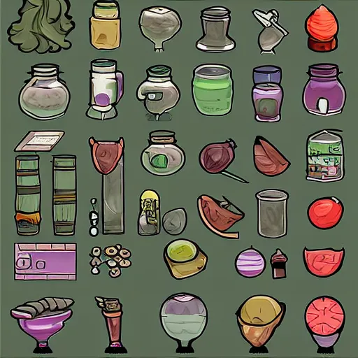 Image similar to video game icon of a potion, concept art, ref sheet, icon sketches for a video game of a potion