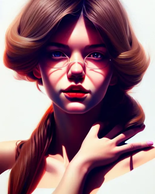 Image similar to hyper - realistic portrait of a pop art girl, dynamic wavy hair, perspective body anatomy, detailed designs, digital painting, 4 k, by ilya kuvshinov, by greg rutkowski, atmospheric lighting