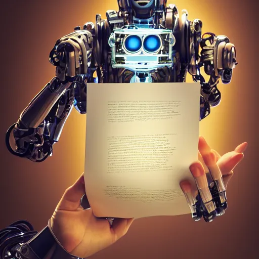 Prompt: a beautiful intricate fine art portrait photo of a happy mechanical futuristic cybernetic robot reading a letter of admission held in hands, by anna dittman and zach sutton, eyes glowing, happiness!, perfection!, studio lighting, golden ratio composition, 50mm lens, bionic, cybernetic scifi, deep depth of field, artstation, 8K