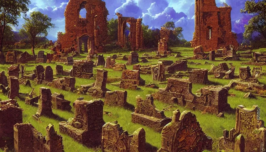 Prompt: a ruined castle graveyard, artwork by greg hildebrandt, vibrant colors