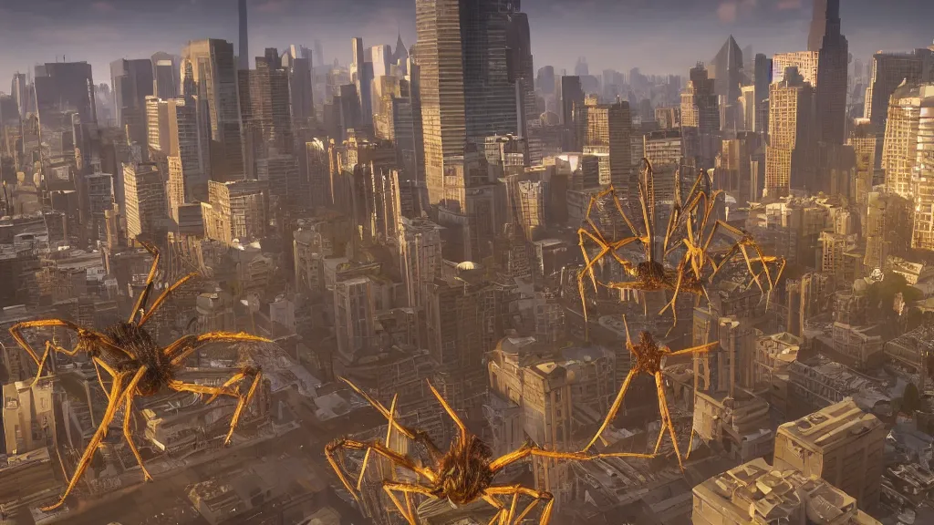 Prompt: giant spiders attacking the city, realistic, arachnophobia, unreal engine 5, global illumination, detailed environment, bright colours, cinematic, atmosphere, 4 k