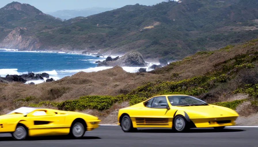 Image similar to a still of a white ferrari testarossa racing along the pacific coast highway, ocean in the background, 8 k,