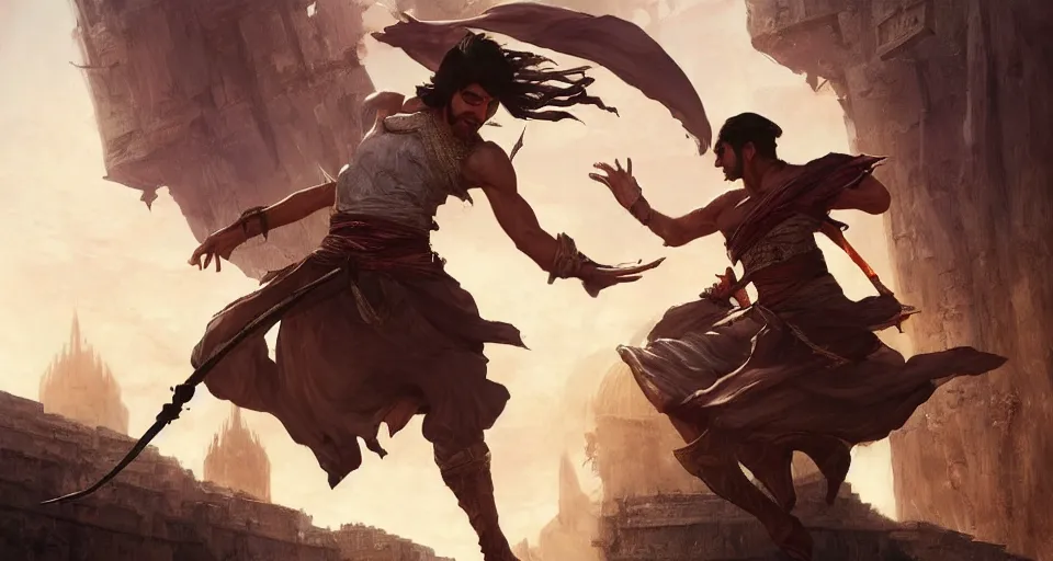 Prompt: a concept art of Prince of Persia video game. jumping. whimsically highly detailed, digital painting, artstation, concept art, smooth, sharp focus, illustration, art by artgerm and greg rutkowski and alphonse mucha